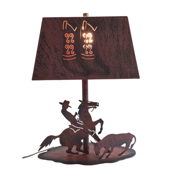 VTG Western Decor Cut Metal Bedside Table Lamp Rodeo Cowboy Boots Calf Roping - Picture 2 of 13